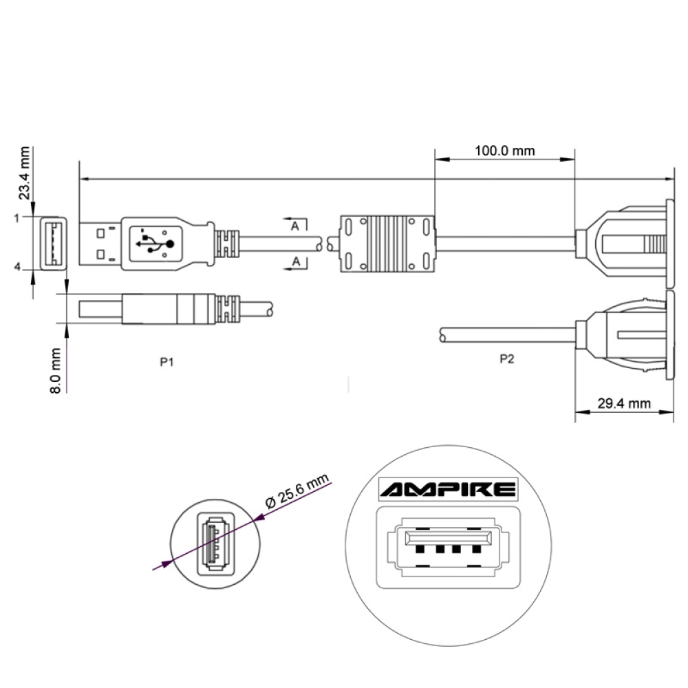 Ampire XUB200 USB Einbaubuchse inkl. Halterung mit 200cm Kabel